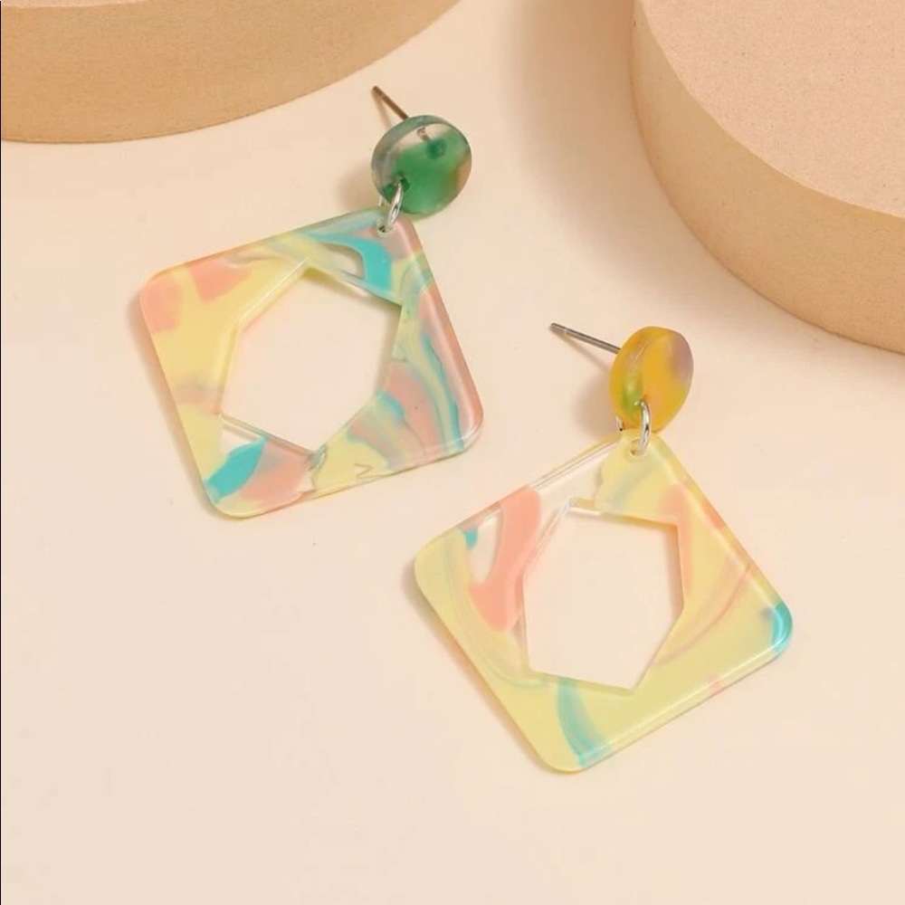 B2G1☮️Boho Retro Rhombus Acrylic Geometric Multi Color Statement Drop Earrings - Picture 8 of 11